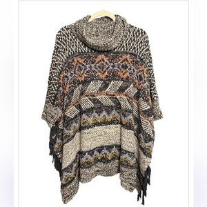 Anthropologie Magda Boho Knit Sweater Poncho with Fringe